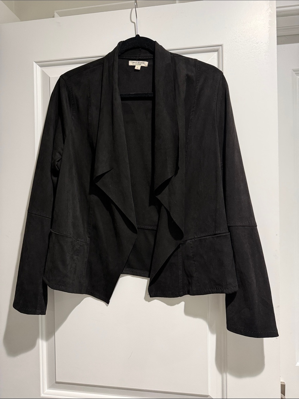 Max Studio Faux Suede Draped Open-Front Black Jacket, super soft